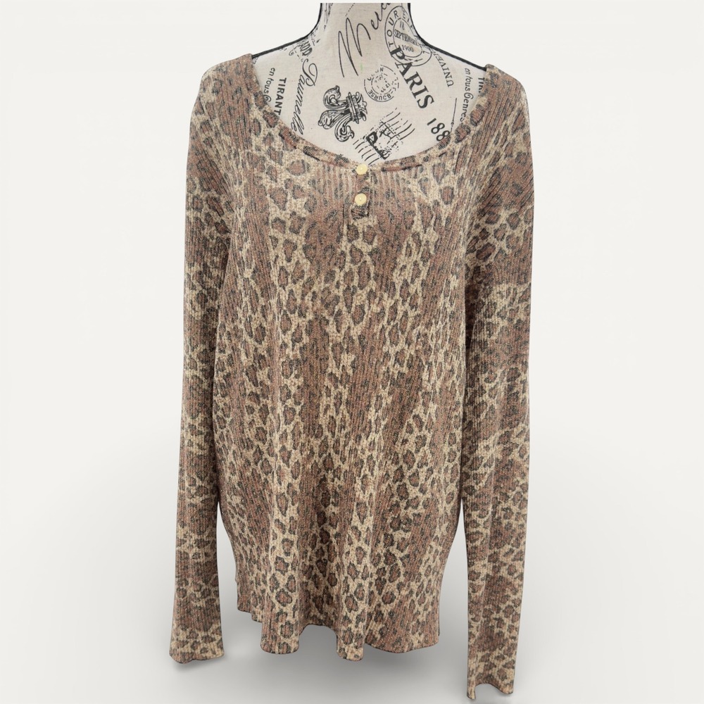 Napa Valley Womens XL Leopard Print Silk Blend Metallic Henley Sweater Mob Wife